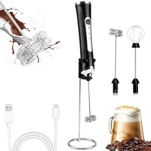 Milk Frother USB C Rechargeable Upgraded Handheld Frother with 2 304 Stainless Whisks, 1 Stand, 3 Speeds for Lattes, Cappuccino, Egg, Matcha, Black