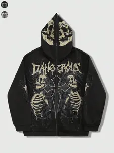 Hooded Zipper Jacket, Dark Punk Style, Rebel Aesthetic, Hardcore Visual Impact, Perfect for Metalheads & Streetwear Fans, Halloween