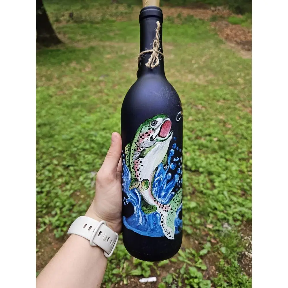 Hand Painted Wine Bottle with LED Battery Powered Cork Lights for Unique Home Decor Nature Inspired Flair