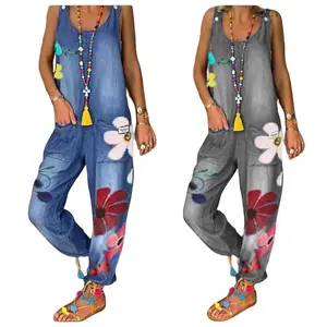 Women's Denim Baggy Strap Overalls Floral Print Casual Summer Loose Jean Pants Fashion Casual Jumpsuits with Pockets Plus Size for Daily Wear