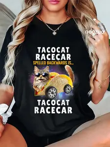 100% Cotton Tacocat Racecar Spelled Backwards Funny Mexican Car Taco Cat T-Shirt