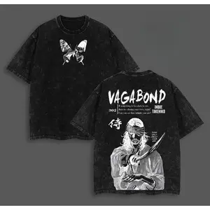 Valentine Shirts Miyamoto Musashi Vagabond Anime Double Printed Oversized Lightweight Acid Washed Graphic Tee Premium Cotton Casual Streetwear Top Perfect Valentine Gift for Vagabond Anime Manga Fans Men Youth Fashion Apparel