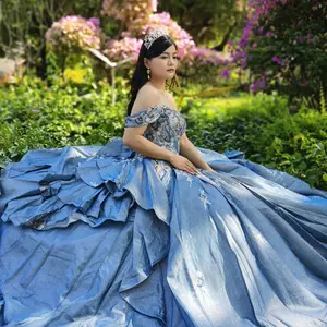 NO.50 Glitter Satin Ball Gown Flounced Back Skirt Moon light Blue, Champagne, Purple Quinceanera Dress Women's Formal Dress