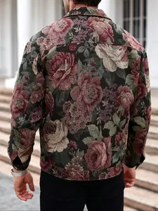 Men's Floral Print Yarn-dyed Fabric Jacket, Loose Casual Fashion Long Sleeve Lapel Outerwear for Daily Wear, Men's Clothes for Spring, Coats