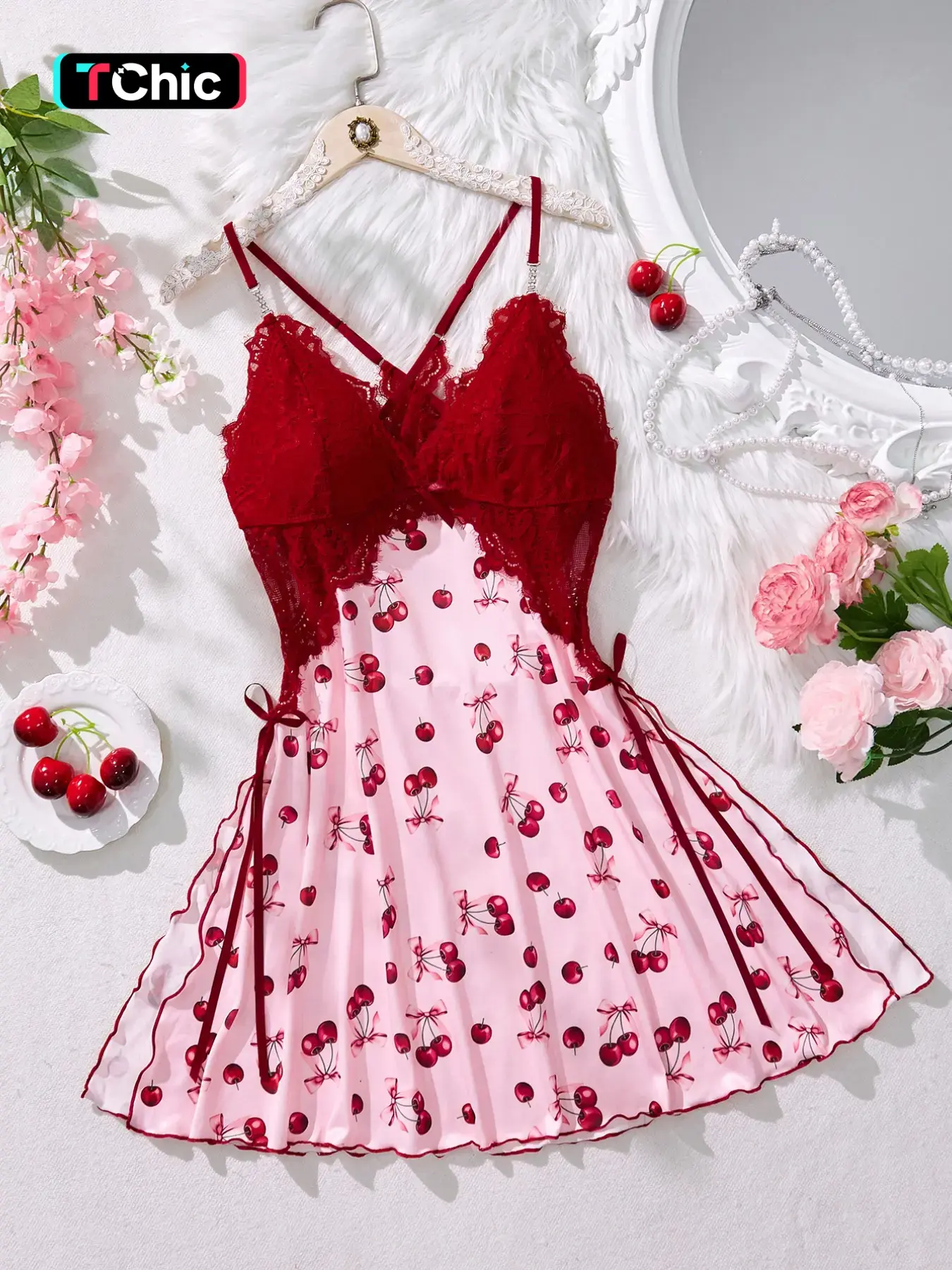 Women's Cherry Print Cami Dress with Lace V Neck, Sexy Chic Elegance Fashion Fitted Sleepwear & Loungewear for All Seasons, Stylish Spaghetti Strap Nightgown for Women