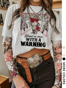 Unisex's Cow Head & Letter Print Round Neck Tee, Western Style Short Sleeve T-Shirt for Daily Wear, Casual Comfy Top for Women & Men, Summer