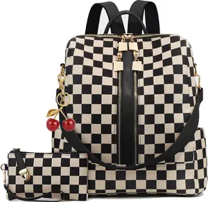 2pcs Checkered Backpack for Women Leather Backpack with Wallet Plaid Back Pack Checkered Backpacks with Cherry Charm