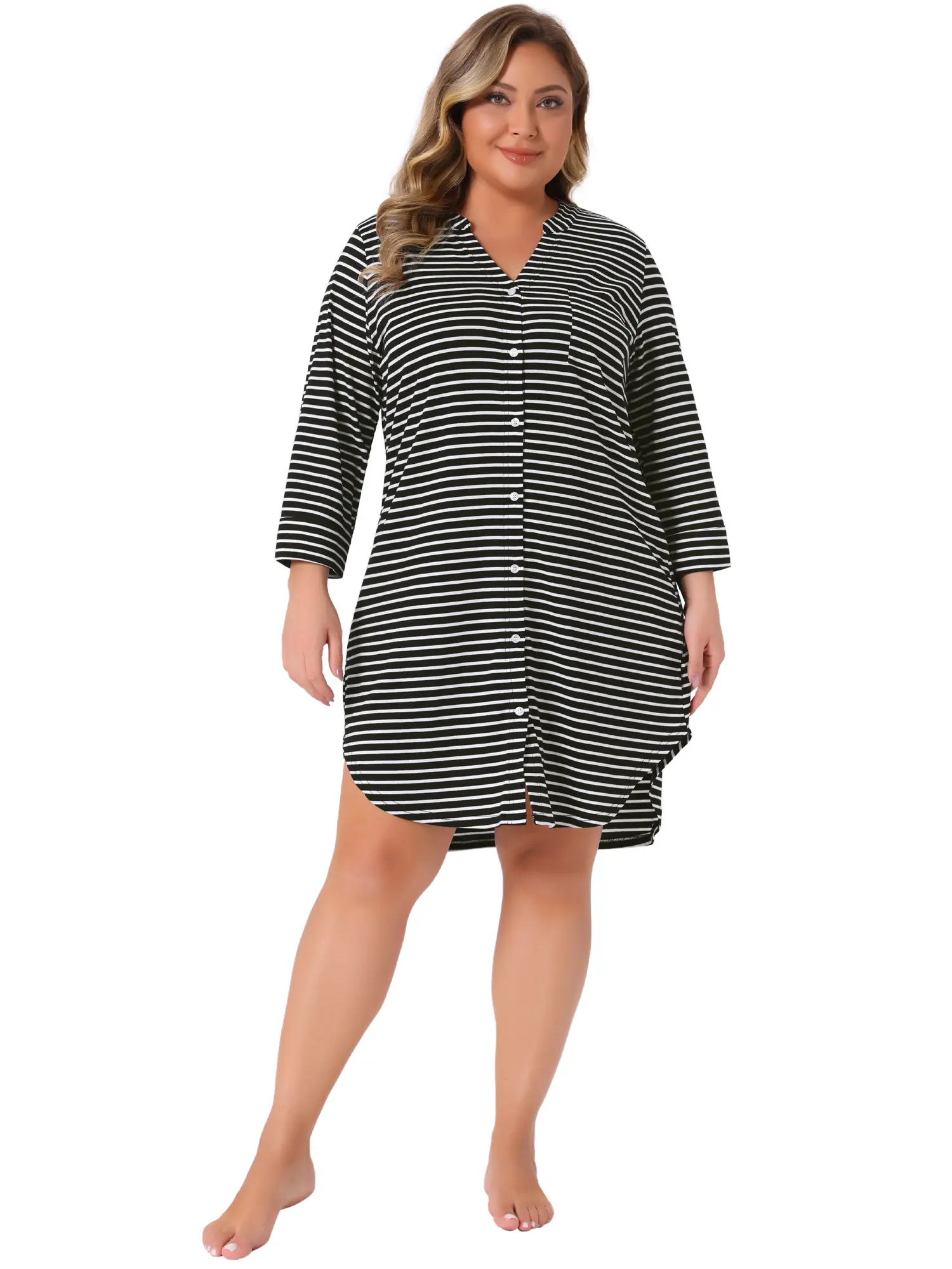 Agnes Orinda Women's Plus Size Button Down Sleepshirt Soft Pajamas Dress V Neck 3/4 Sleeve Nightgown Nightdress