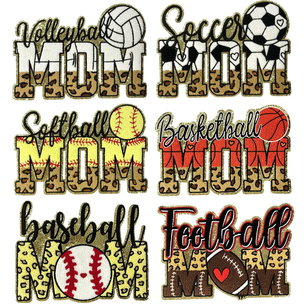 Mom Large Chenille Iron on Patch Rugby Baseball Football Softball Sports Basketball Embroidered Applique DIY Accessories for Jacket Clothing Bag