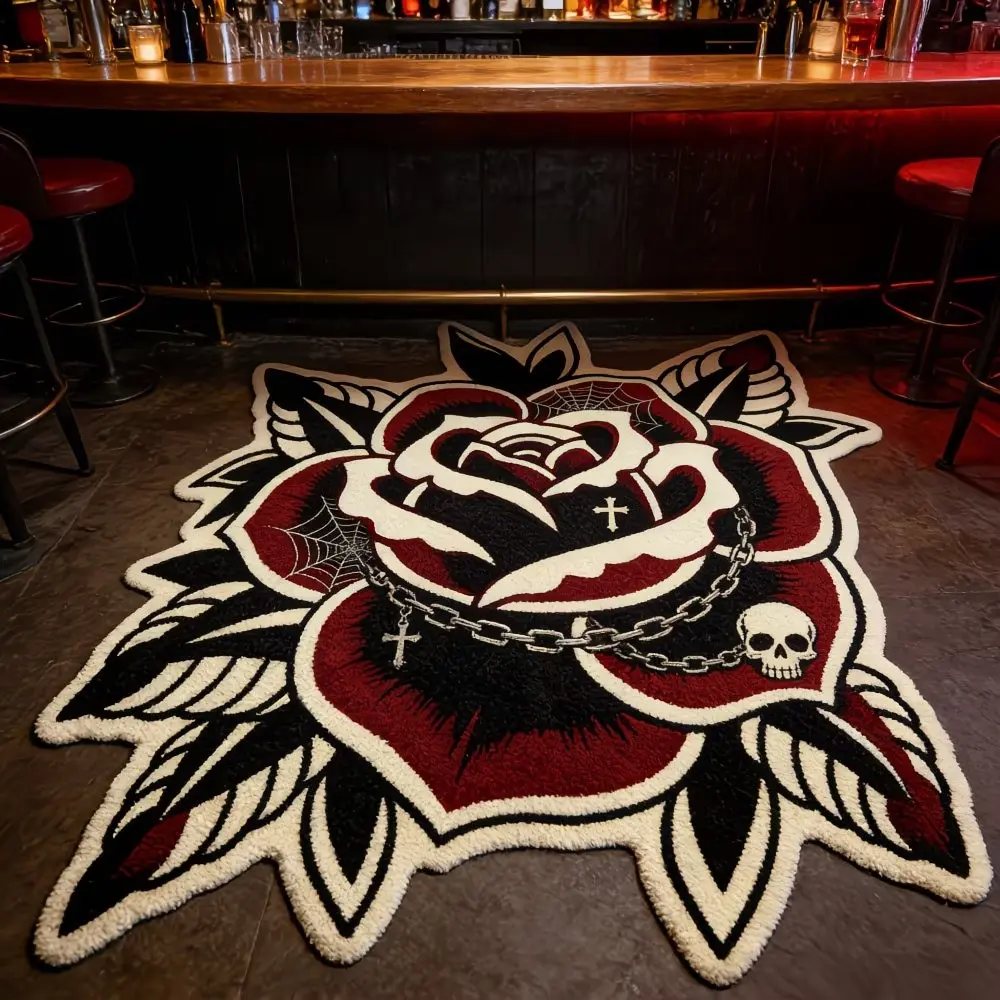 1pc American Rose Skull Carpet, Gothic Style Bedroom Rug, Creative Living Room Mat, Soft Comfortable, Suitable for Coffee Table, Sofa, Dressing Room