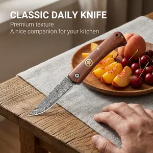 Sophisticated Folding Damascus Knife for Fruit and Food Prep with Brass Detail