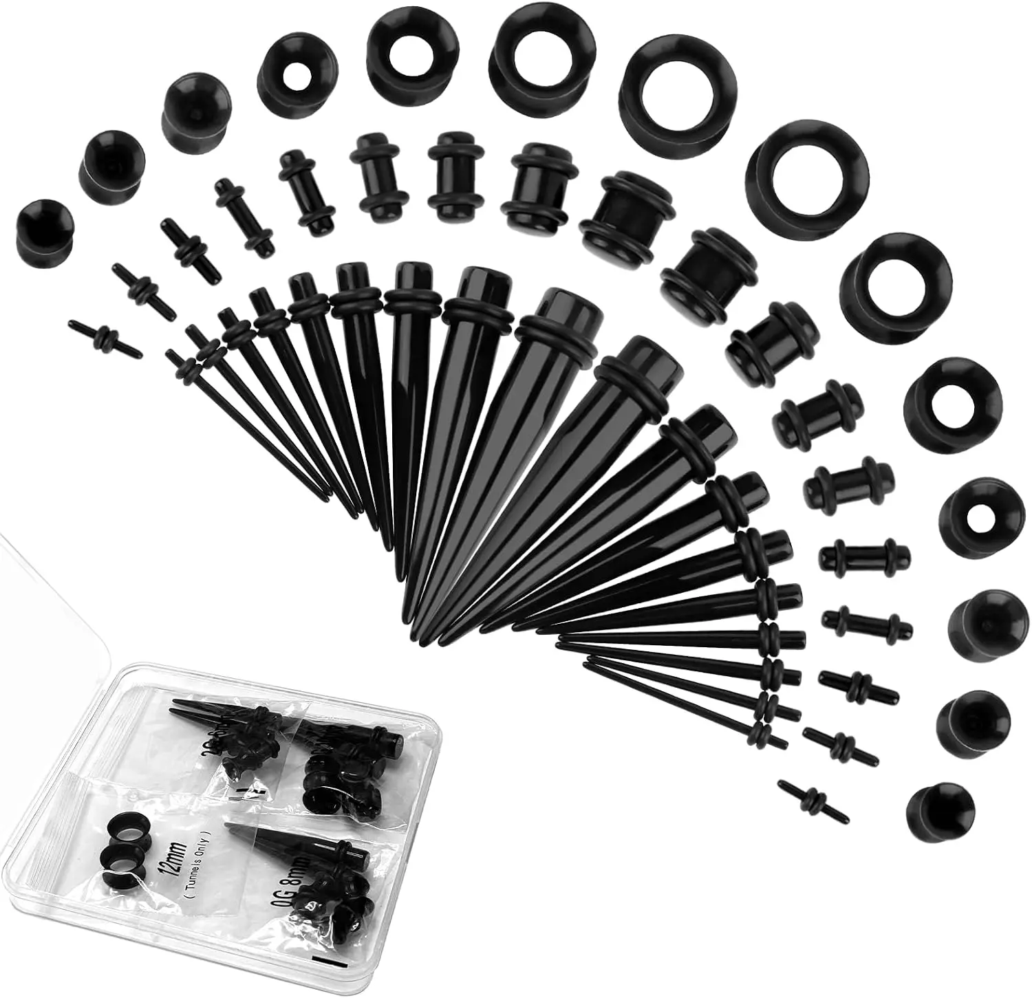50 Pcs Ear Stretching Kit, Acrylic Gauges for Ears 14G-00G | Lightweight Tapers+ Plugs+ Silicone Tunnels, Gauge Stretching Kit, Piercing Earring Jewelry for Men, Women, Starter Expanders