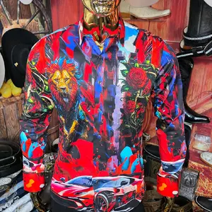 Barabas Men's Vibrant Lion Print Shirt - Bold Red & Blue Design with Rose Accents - Perfect for Casual Wear