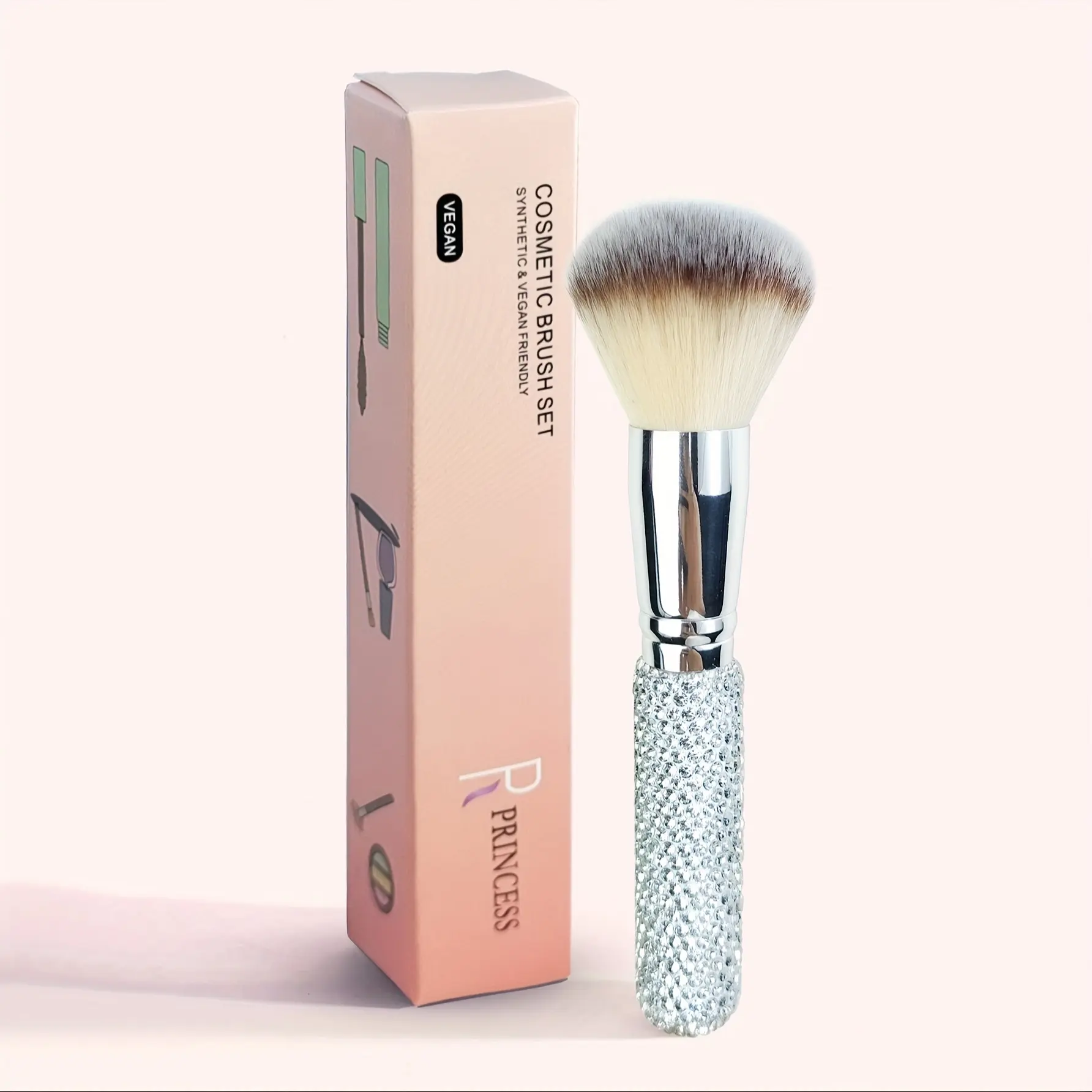 Rose Princess Luxury Silvery Makeup - Dome-Shaped Head, Multi-Functional Powder/Contour Tool, Dazzling Handle, Soft Bristles, Even Application, Portable Travel Size