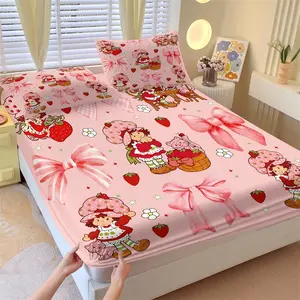 Vintage Cartoon Strawberry Sweetheart Princess Fitted Sheet Set & 2 Pillowcases No Core, Red Hair Girl with Bow, Strawberry Flower Design, Soft Comfortable, Sweet healing Bedroom Decor Gift for Fans, Kids