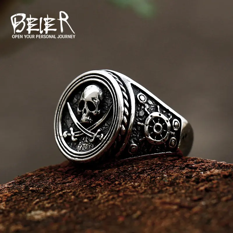 Beier Stainless Steel Pirate Skull Ring Punk Style Hip-Hop Titanium Steel Men's Ring Stainless Steel Pirate Skull Knife Ring