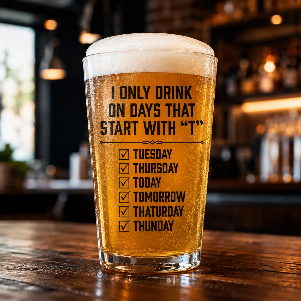 I Only Drink on Days That Start With T Custom Printed Beer Glass, Personalized Pint Glass, Stemless Wine Glass, Funny Drinking Glass, Custom Name Glass, Personalized Gift Glass, Beer Glass, Wine Tumbler, Graphic Printed Glass Cup