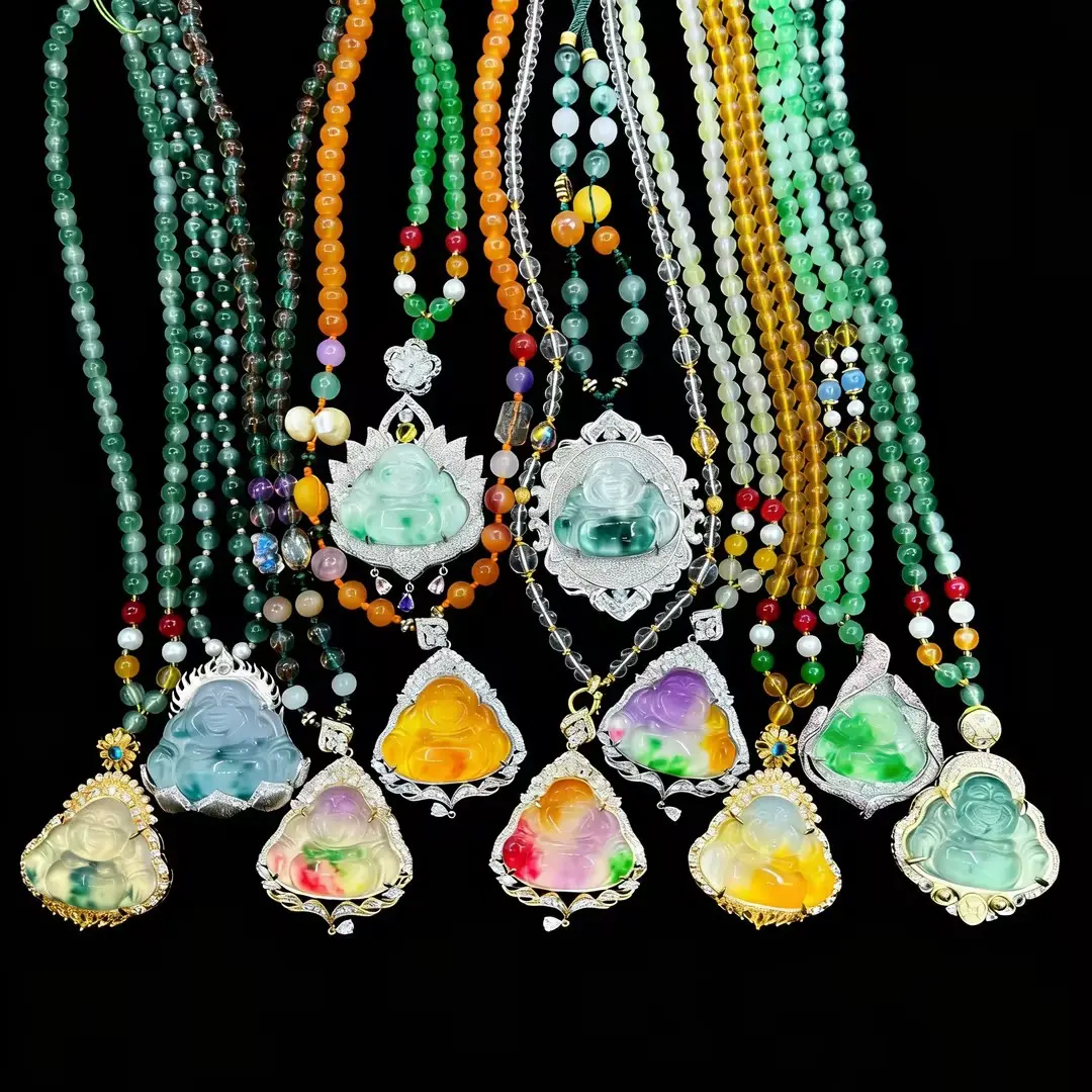 Jade Buddha Necklace Large Size Unisex Jewelry with Elegant Jade Beads Pendant on Shiny Backing for Any Occasion