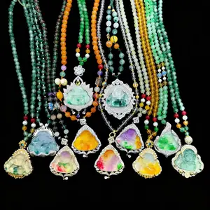 Jade Buddha Necklace Large Size Unisex Jewelry with Elegant Jade Beads Pendant on Shiny Backing for Any Occasion