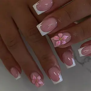 24pcs Short Square 3D Gel Nail Art Set, Pearl Decorated Press-On Nails, Decorative Nails, Flower & French Styles, Perfect for Daily Use & Parties, Salon Quality Nails