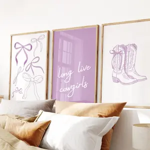 Lavender Cowgirl Wall Art Set of 3 Coquette Bow Prints Pastel Western Decor Cute Girly Dorm Room Trendy Wild West Nursery Poster Unframed