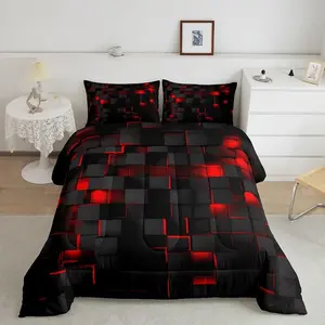 Red and Black Bedding Set,Light Geometric Comforter Set,Geometry Decor Comforter Modern Duvet Set,Soft Breathable Bedding with Pillow