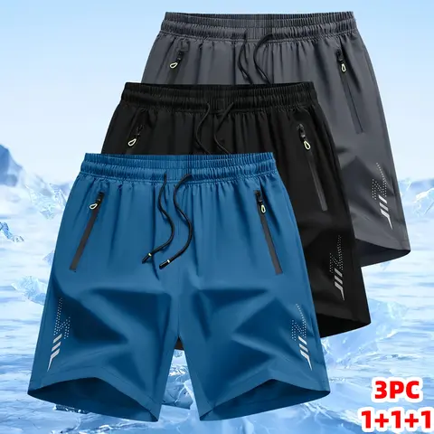 Men's 3-Pack Ice Silk Quick-Dry Active Sports Shorts - Lightweight, Breathable Running Bottoms with Zip Pockets, Elastic Drawstring, Loose Fit for Summer Workouts (Colors: Black+Blue+Army Green, Dark Blue+Gray+Black, Universal Pattern, Positive Reviews)