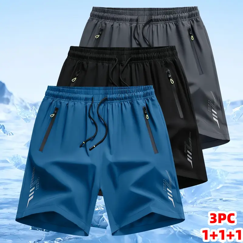 Men's 3-Pack Ice Silk Quick-Dry Active Sports Shorts - Lightweight, Breathable Running Bottoms with Zip Pockets, Elastic Drawstring, Loose Fit for Summer Workouts (Colors: Black+Blue+Army Green, Dark Blue+Gray+Black, Universal Pattern, Positive Reviews)