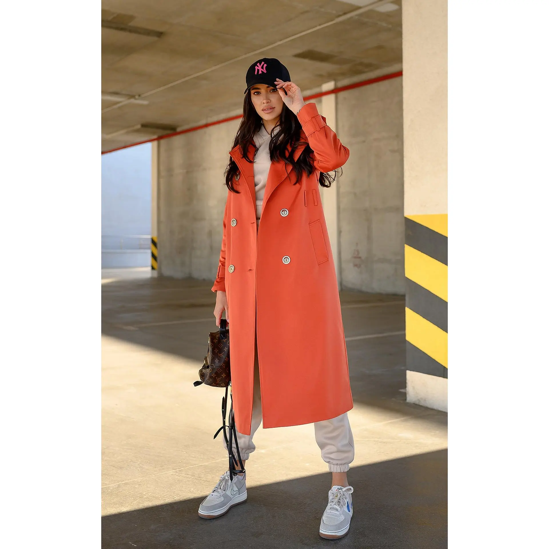 Orange Double-Breasted Belted Trench Coat