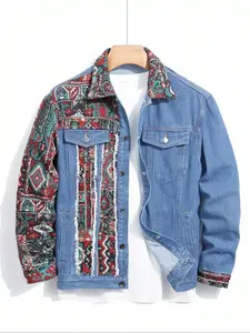 Men's Street-Style Color-Block Slim-Fit Denim Jacket Patchwork, Long Sleeve, featuring comfortable fit and durable material, suitable for daily wear and outdoor activities