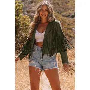 Green Cropped Fringe Faux Suede Jacket