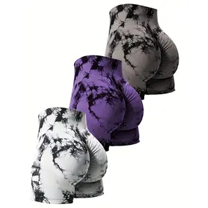3pcs High Waisted Tie Dye Workout Shorts for Women, Seamless Butt Lifting Yoga Gym Biker Shorts, Stretchy Nylon Activewear Fathersdaygift