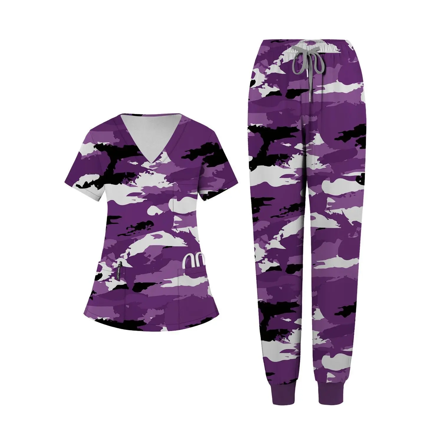 Women's Camouflage V-Neck Workwear with Breathable Fabric and Pockets, Includes Tapered Pants