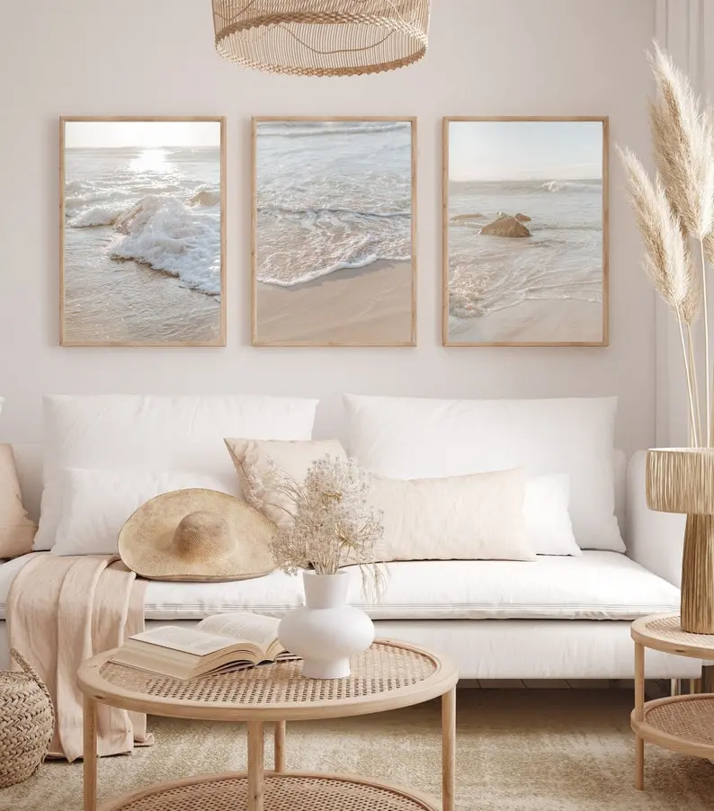 Coastal Wall Art Set of 3 Coastal Prints for Living Room Beach Prints for Coastal Homes Neutral Wall Art Boho Beach House Print Ocean Poster