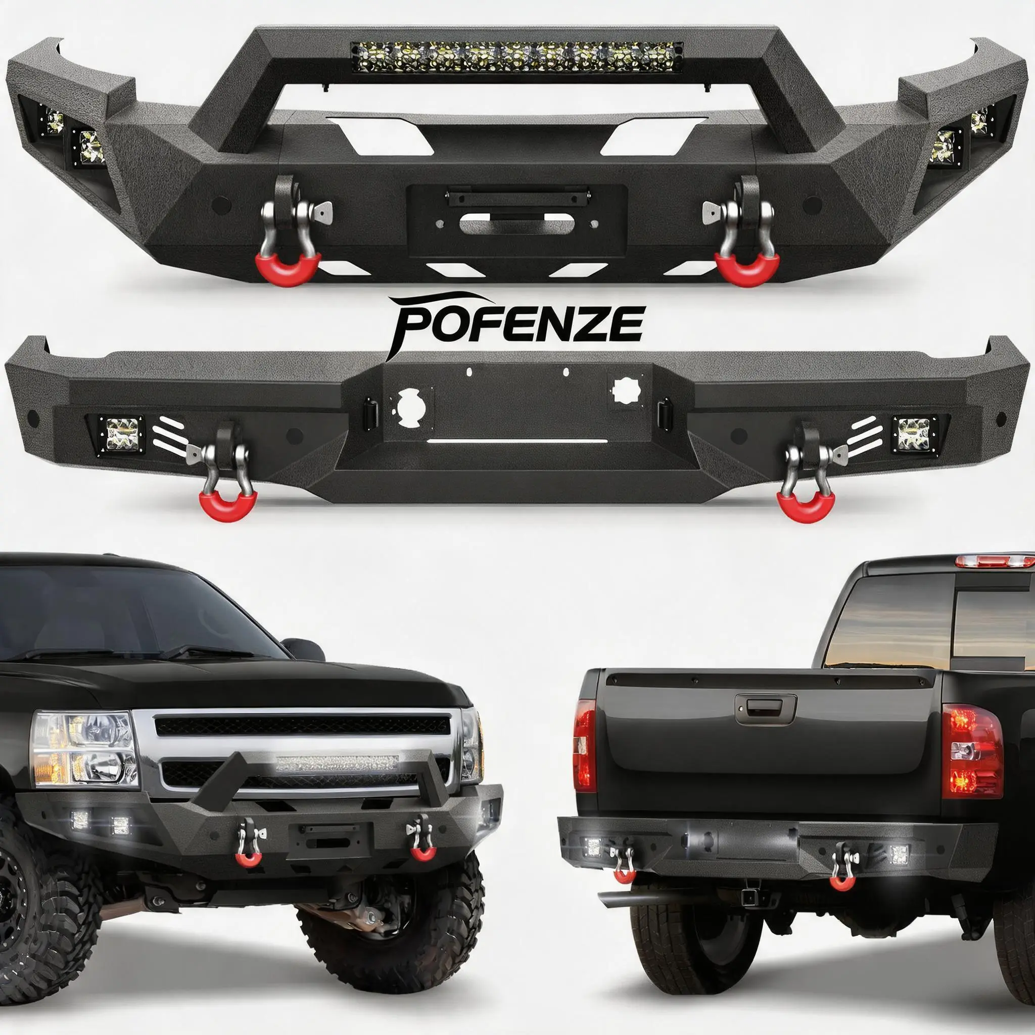 POFENZE-NADIA Silverado Off-Road Bumper Set for 2007-2013 Chevy Silverado 1500, Includes Winch Plate, LED Lights, D-rings, License Plate Bracket