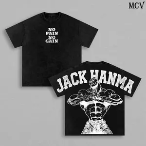 Jack Hanma Washed Gym Tee – Baki Anime Brutal Fighter Bite Style Manga Graphic Double Printed T-Shirt, Menswear Heavy Cotton Unisex Oversize Pump Cover Fitness Streetwear Vintage