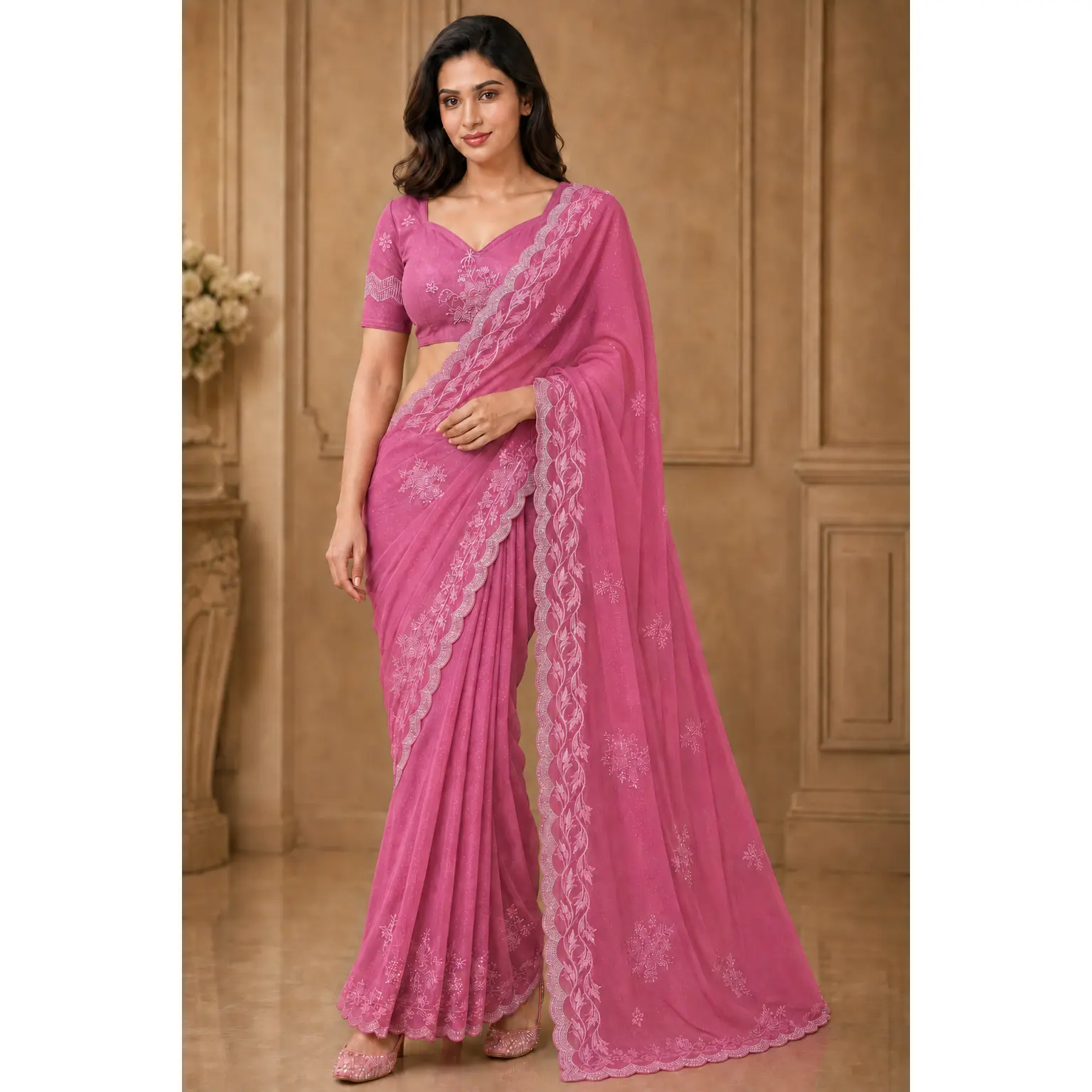Pre-Pleated  Saree with stiched Embroidered Blouse