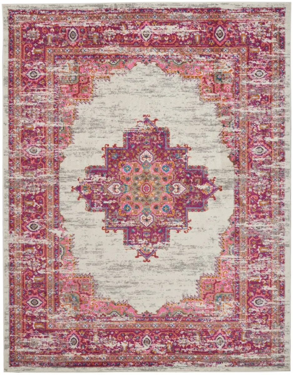 HomeRoots Decorative Vintage Distressed Area Rug, 8 x 10 ft, Ivory & Fuchsia Household Textile Carpet, Decorative Area Rug, Vintage Distressed Rug
