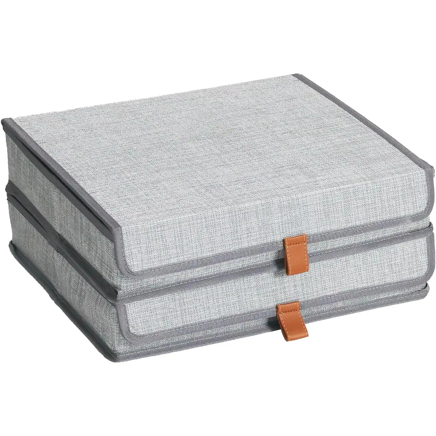 Gray Linen Photo Storage Boxes with Buckle - 2 Pack Modern Home Decor Picture Organizer Collapsible Keepsake Memory Bin for Home/Office, 14x10.8x2.5 Inch
