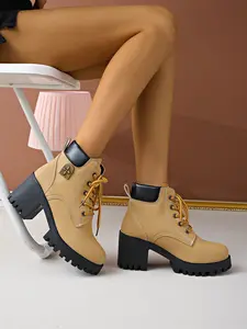 New Chunky Heel Short Women's Boots, Tie and Zip Design for Height and Slim Look, Casual Formal Shoes for Fall & Winter, PU Leather Rubber Above Ankle, Trendy Boots