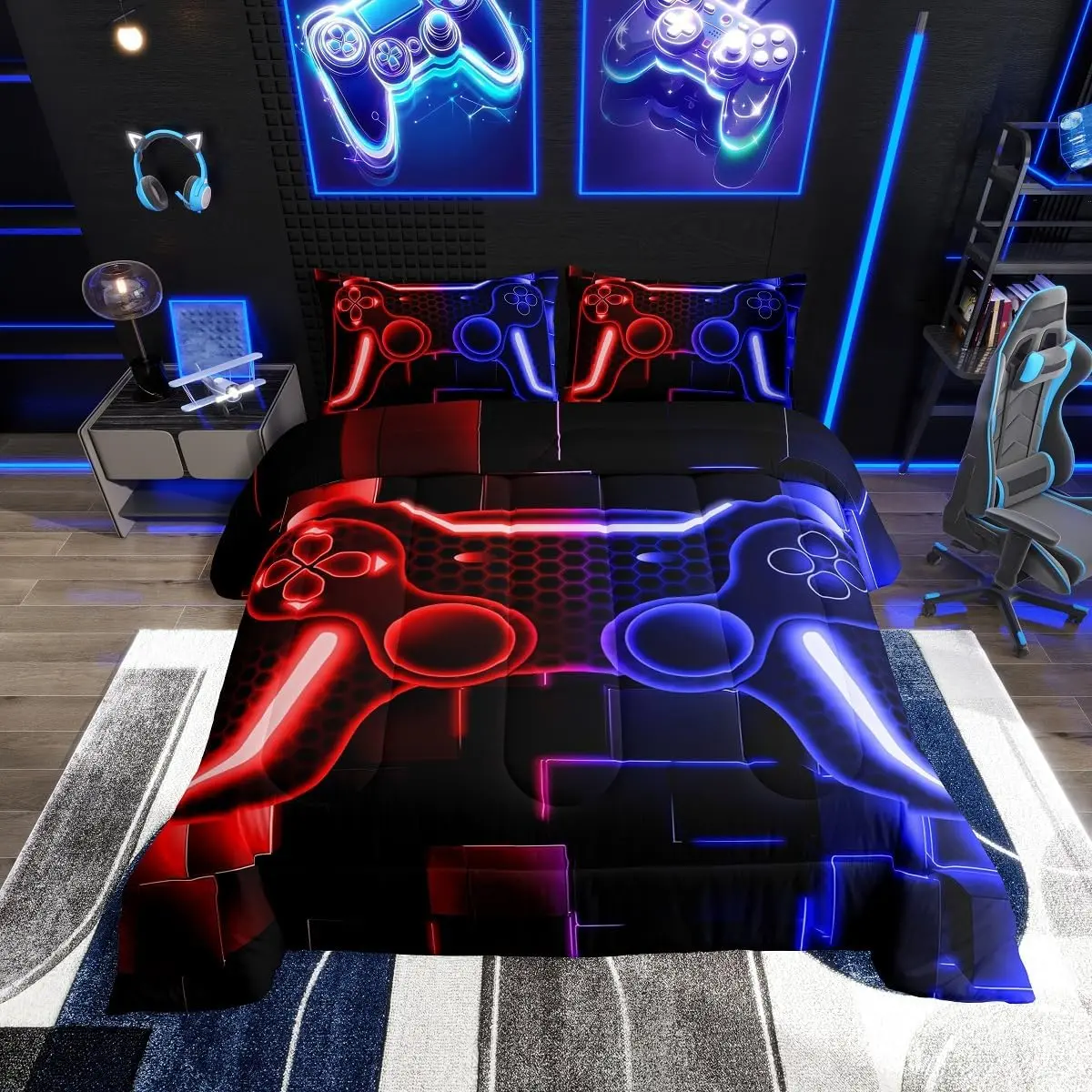 Feelyou Boys' Gamer Gaming Duvet & Set - Breathable Cozy Blanket, Soft Warm Bedding, Travel-Friendly Multi-Size Linens, Gamepad Print, Neon Red-Blue Check Console Design for Bedroom, RV