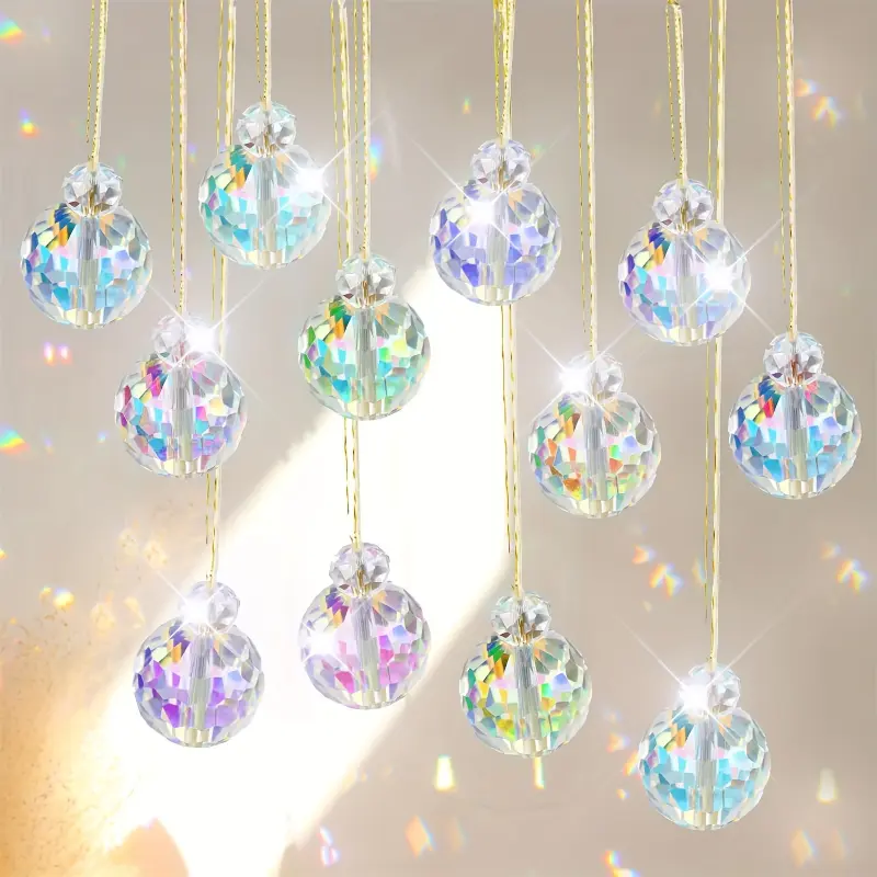 12pcs AB Color Round Crystal Glass Christmas Balls - Colorful Sparkling Tree Decor Sun Catchers, Holiday Party & Home Festive Supplies, Ab Color 12Pcs, Round Balls