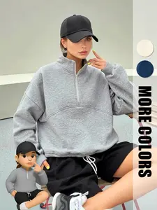 Women's Lapel Drop Shoulder Zipper Half Open Collar Short Fleece Sweater Autumn Winter Solid Color Casual Short Pullover with Adjustable Drawstring Both Fashionable and Warm Sweatshirt