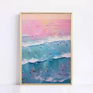 [UNFRAMED POSTER] Beachy Wall Art Physical Print Aesthetic Pink Surf Poster Aerial Surfing Painting Summer Ocean Print Girly Decor Oversized Wall Art Blue