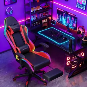 【LED+Speakers】Mr IRONSTONE Gaming Chair with Speakers and Rgb Lighting Ergonomic Massage Computer Gaming Chair with Broaden Cusion and Footrest High Back Video Game Chair for Adults Kids Boyfriend Father's Gift