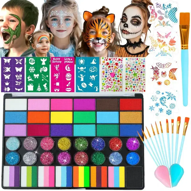 Halloween Costume 42-Color Kids Face Painting Kit,Non-Toxic Water-Activated Body Paint, Easy to Clean,Complete Set with Palette, Stencils, Brushes, Sponges, Guide Book,  Ideal for Carnival, Cosplay (Beauty & Personal Care, Body Makeup)