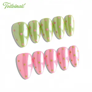 Pink Lime Polka Dot Handmade Press-On Nails | Short Almond Shape, 10pcs | Fresh Pastel Color Block Design | Glossy Round Dot Finish | High Transparency Acrylic for Natural Look | Reusable DIY Nail Kit | Trendy Nails for Spring & Summer | Cute Girly Style