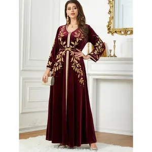 [Elegant Kaftan Dress] Burgundy Elegant Marocain V-Neck Kaftan Dress with Belt |   Long Sleeve, Solid, Floral Pattern, Polyester Fabric, Perfect for Women's Evening Wear, Ramadan, and Formal Occasions