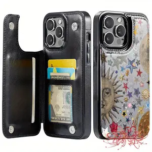 Fashion Retro Sun Star Element Pattern Leather Card Holder Phone Case, Suitable for iPhone 17 Air/16 Plus/15 Pro Max/14 Pro/13/12/11/XS Max/X Phone Case, Best Choice for New Year Christmas Gifts for Family Friends Lovers Boyfriend Girlfriend