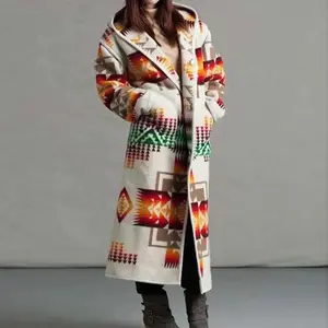 Womens  Fashion Ethnic Style Printed Hooded Long Coat Loose Outwear Match Colors Womenswear Sweatshirts.